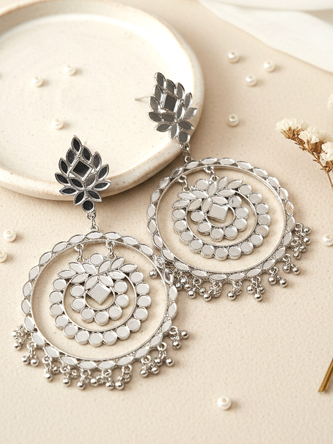 KARATCART Women Silver Toned Silver Plated Mirror Studded Round Shape Drop Earrings