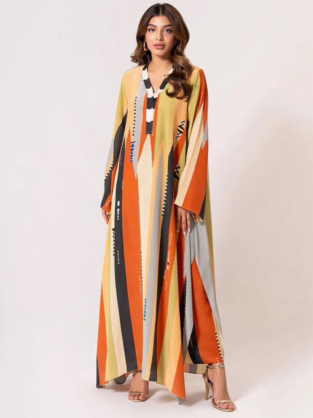 DESIGN ELEMENTS Women Abstact Print V Neck Pure Cotton Kaftan Maxi Dress
