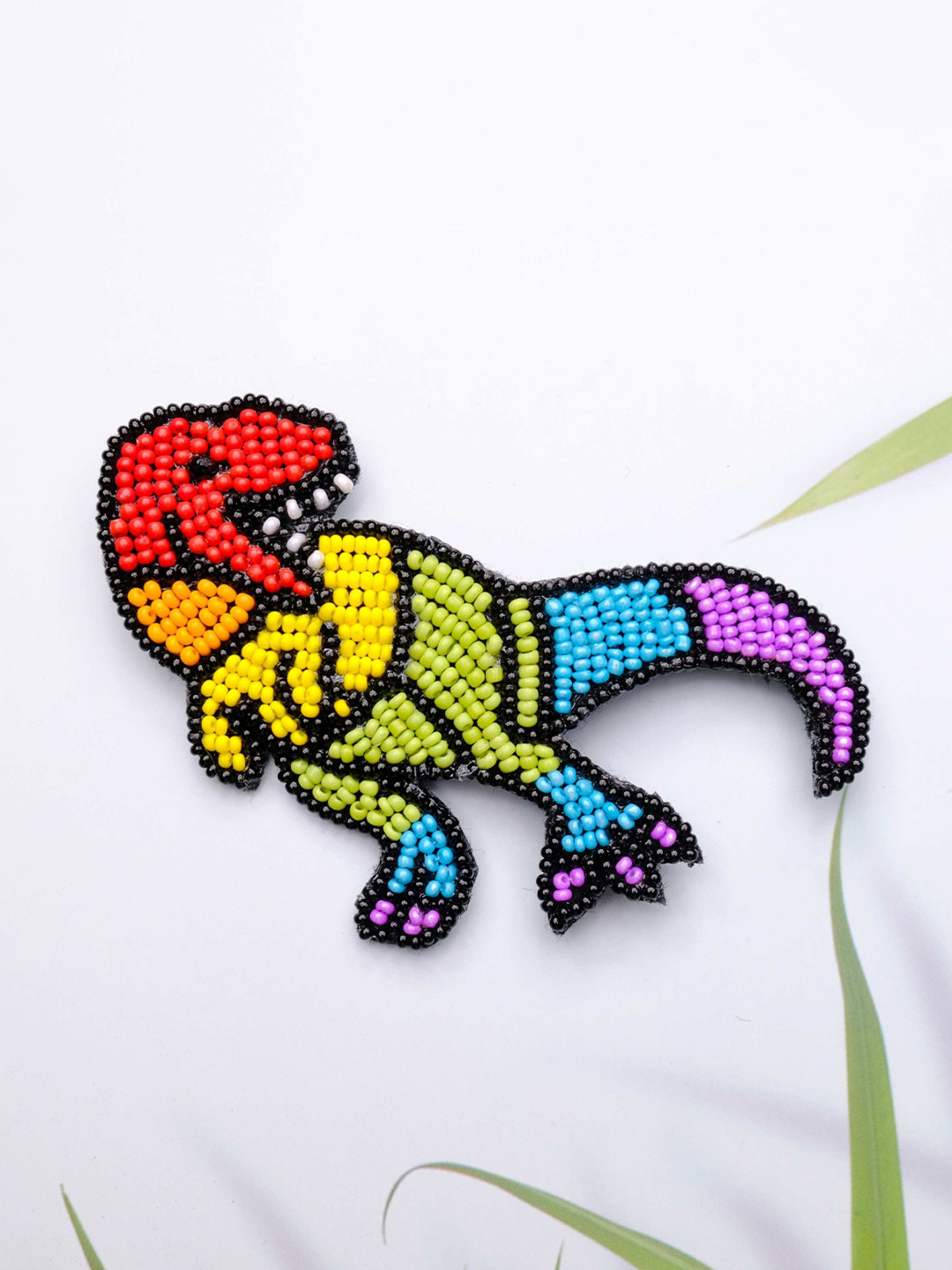 Abeo Unisex Red and Yellow Non-Silver Beaded Dino Brooch