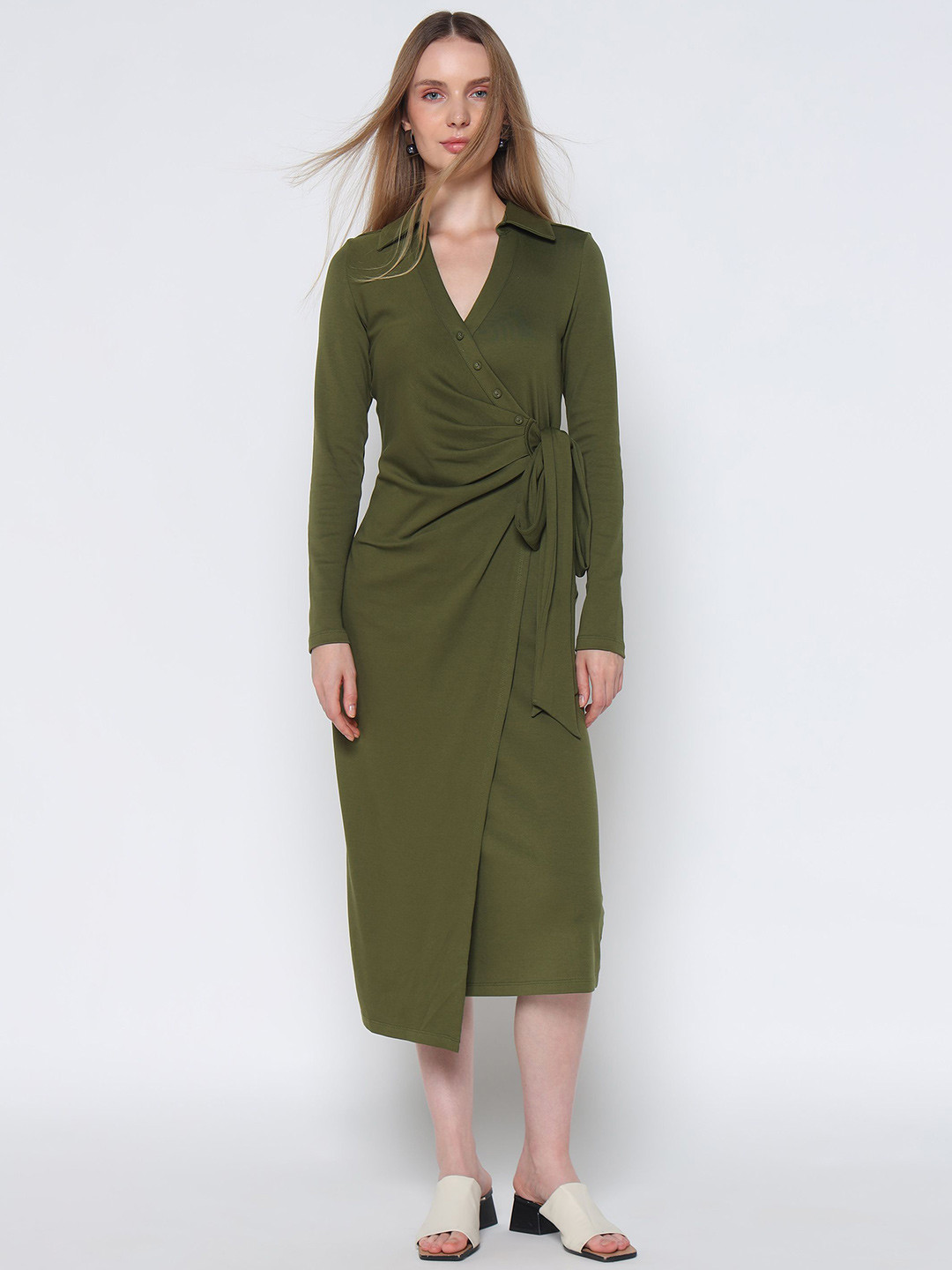 COVER STORY Women Solid Formal Wrap Style Midi Dress