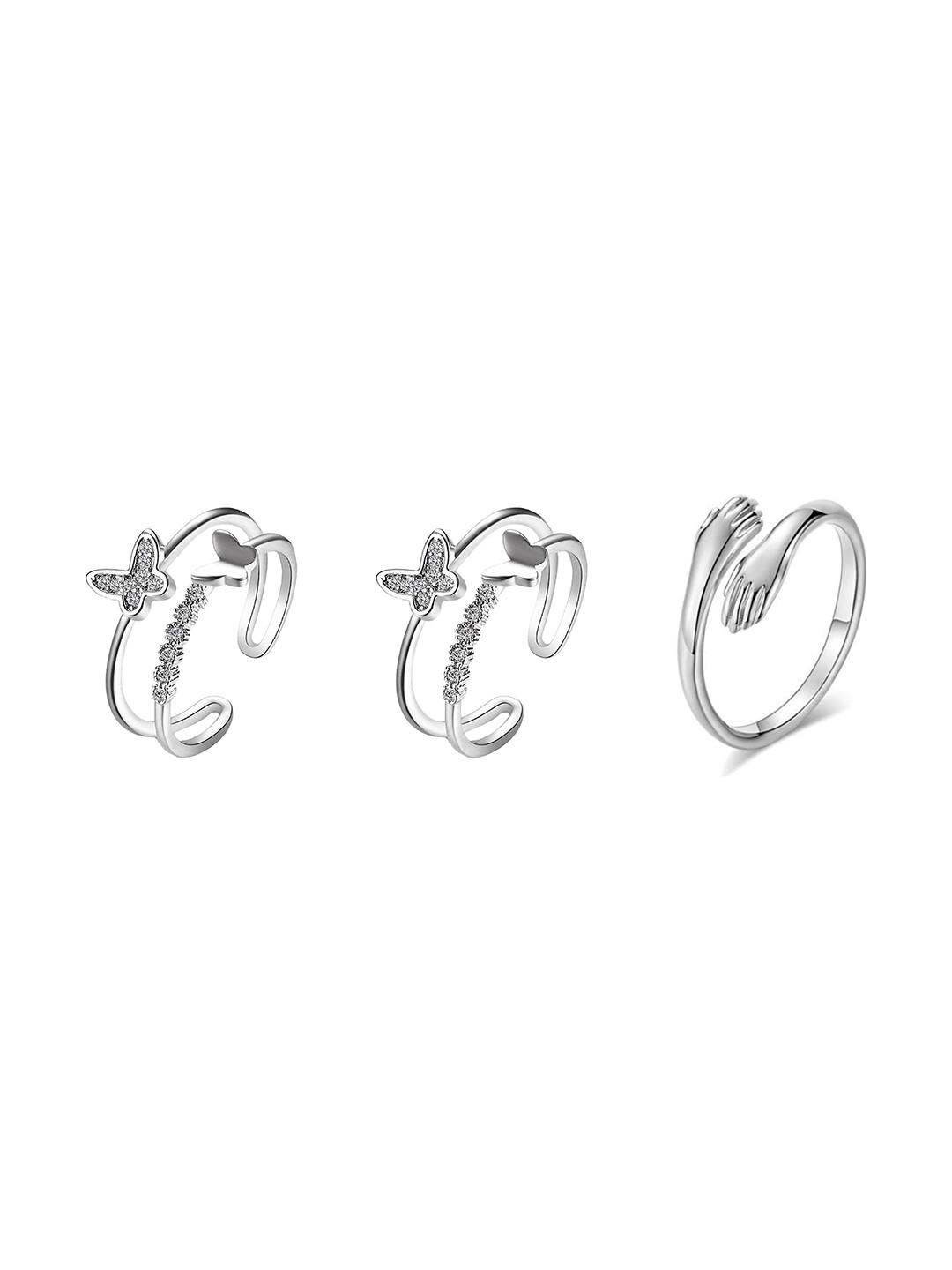 Teeragaj Set Of 3 Butterfly & Hug Adjustable Finger Rings