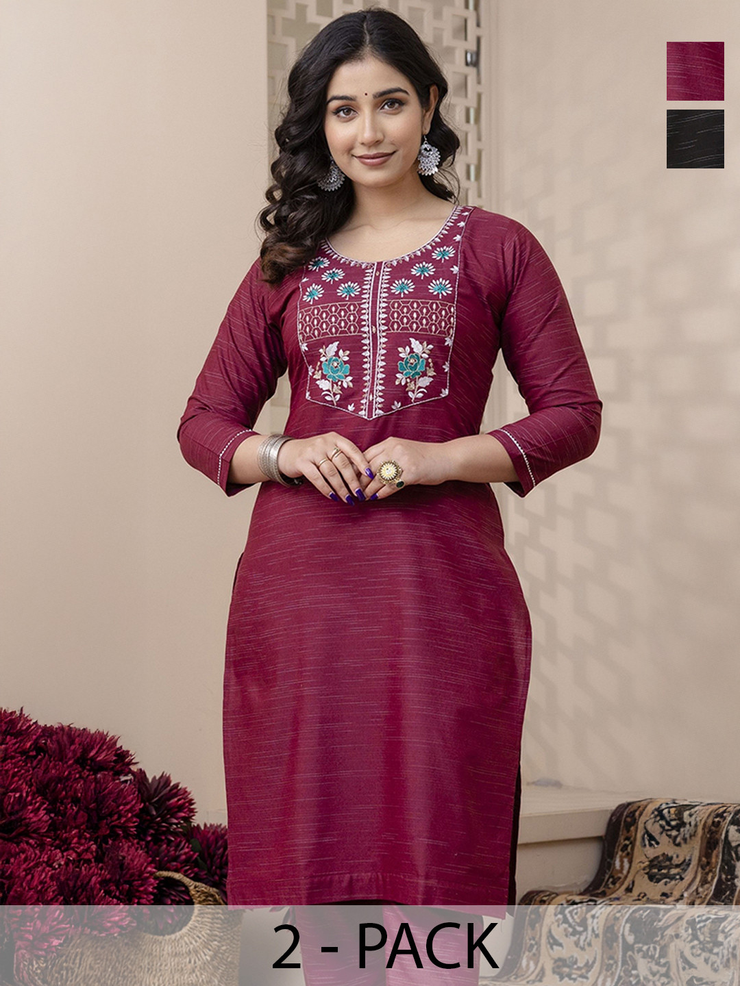 AUZAAI COLLECTION Selection Of 2 Floral Yoke Design Thread Work Pure Cotton Kurtas