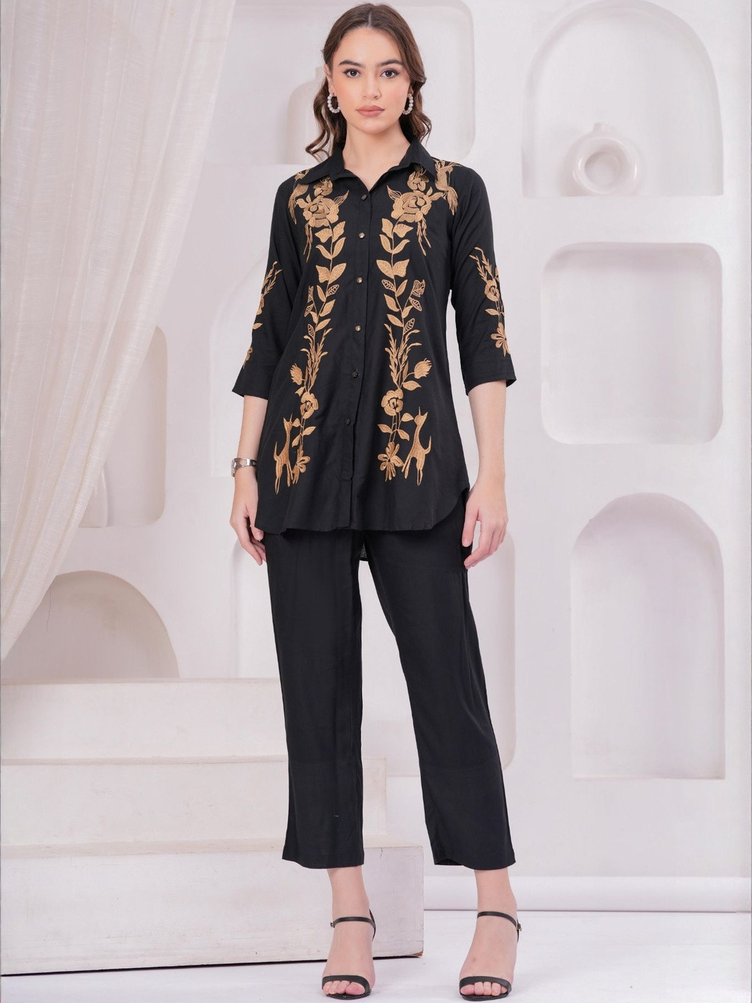 HIGHLIGHT FASHION EXPORT Women Rayon 3/4 Sleeve Shirt Collar Embroidery Co-Ord Set