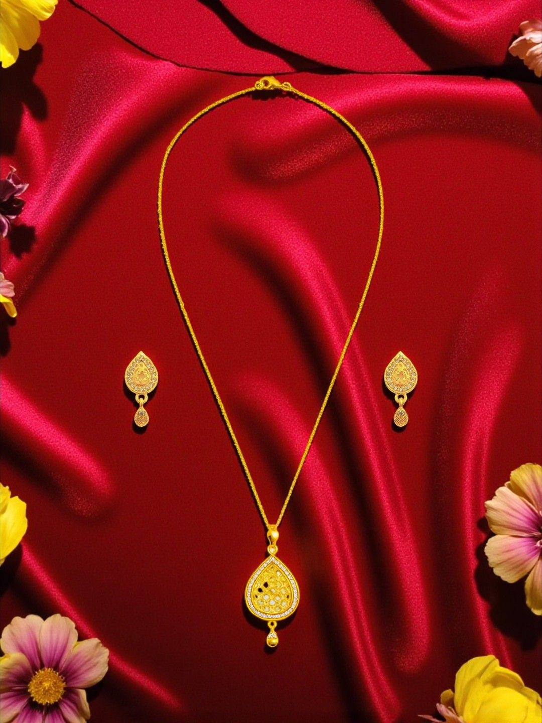 AccessHer Gold Plated Stones Studded Skin Friendly Teardrop Shaped Jewellery Set