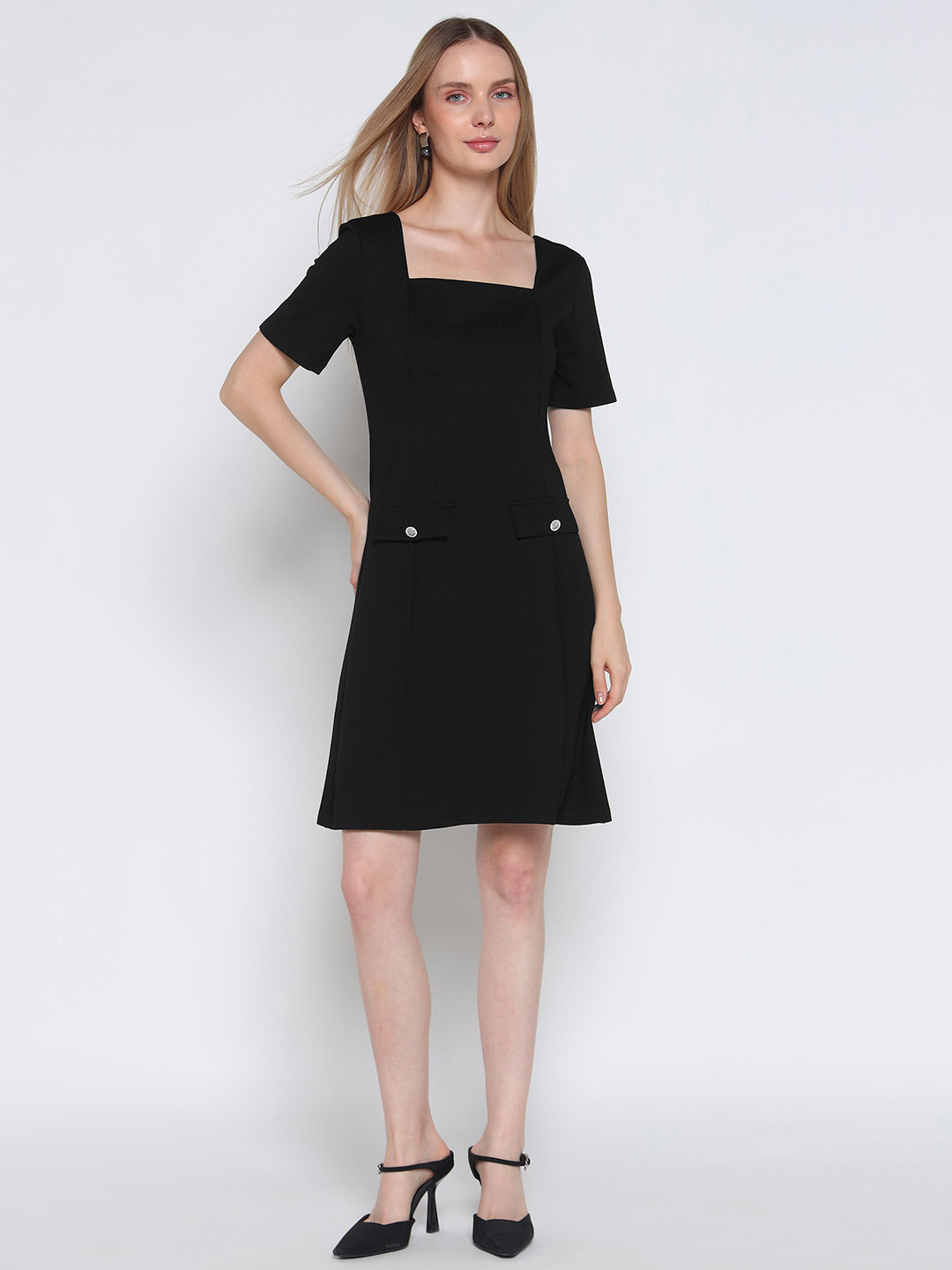COVER STORY Square Neck Short Sleeves A-Line Dress