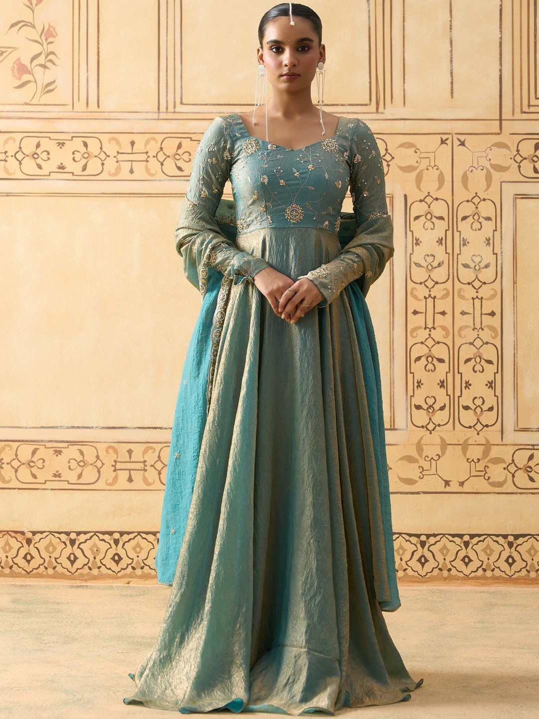 Fiorebymalar Zari Embroidered Anarkali Dress with Scallop Embroidered Dupatta