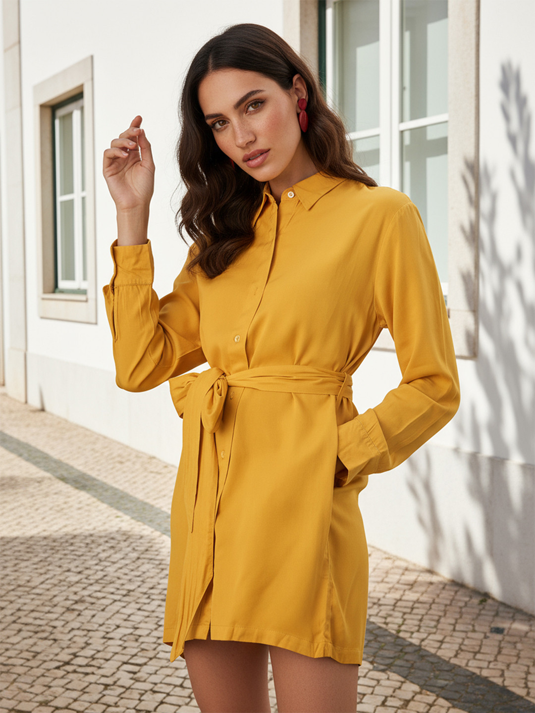 Freehand by The Indian Garage Co Shirt Collar Tie-Up Detail A-Line Dress