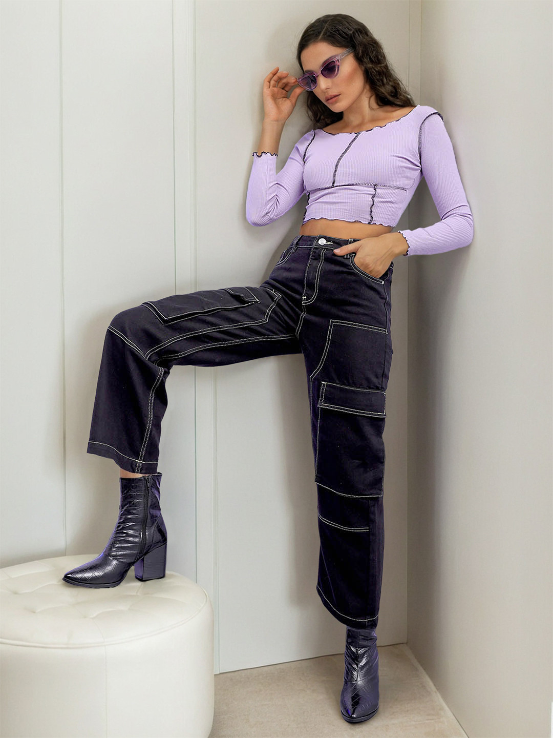 Freehand by The Indian Garage Co Women Carpenter Fit High-Rise Cargo Clean Look Jeans