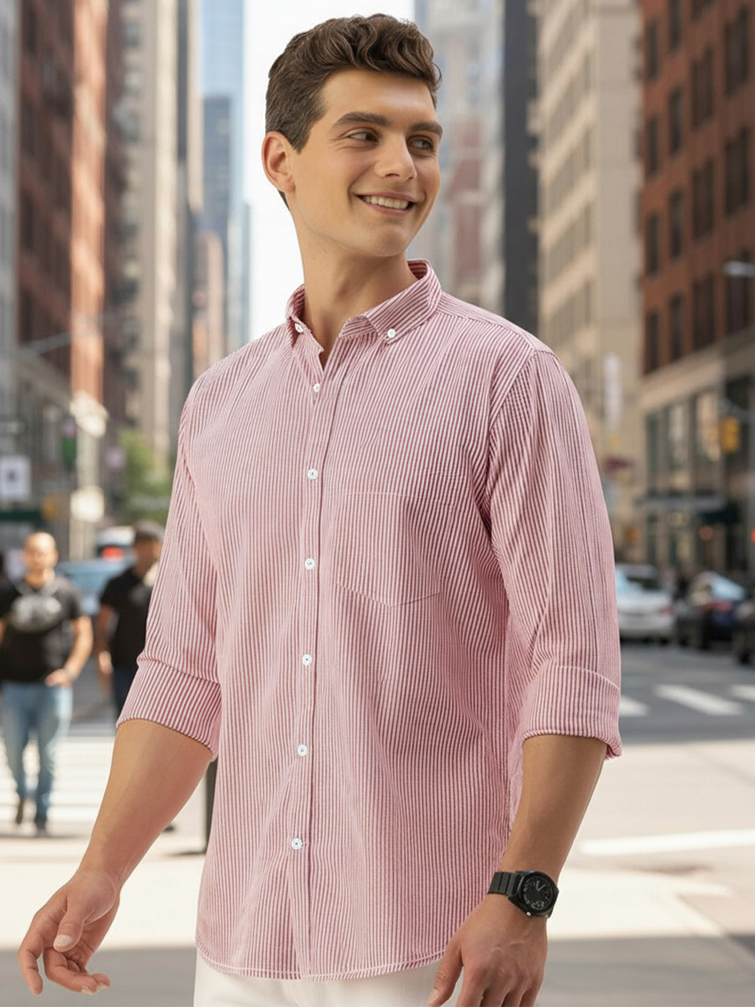 UNIQSOME Classic Striped Spread Collar Roll-Up Sleeves Cotton Shirt