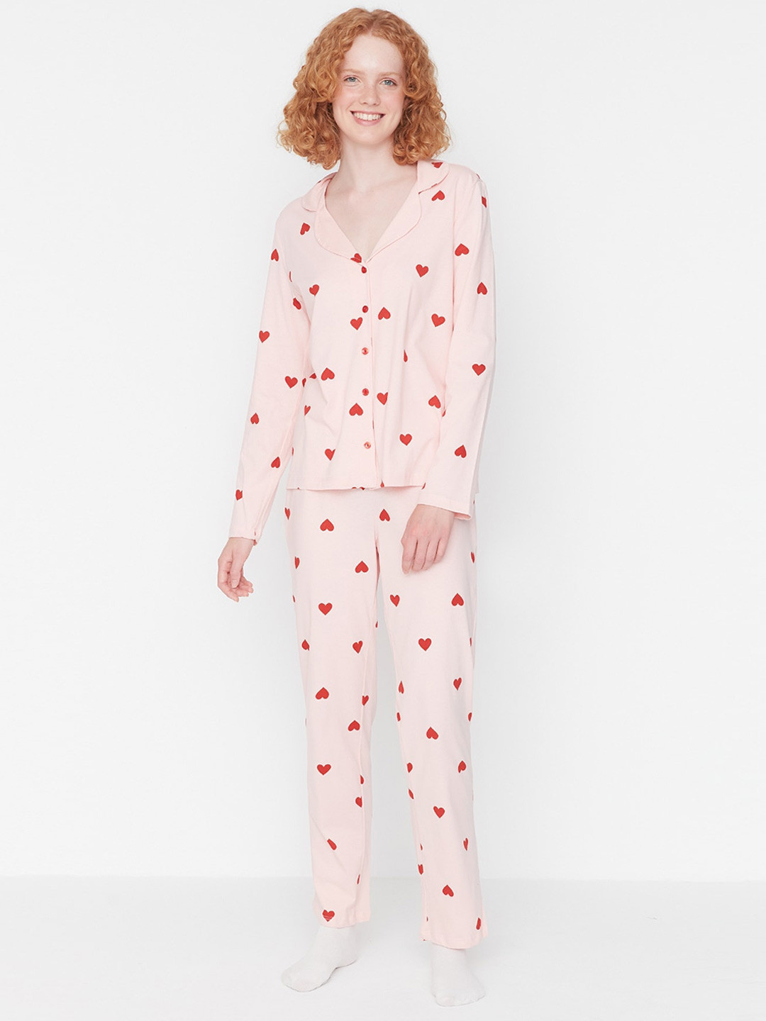 Trendyol Conversational Printed Notch Lapel Collar Pure Cotton Shirt & Pyjamas