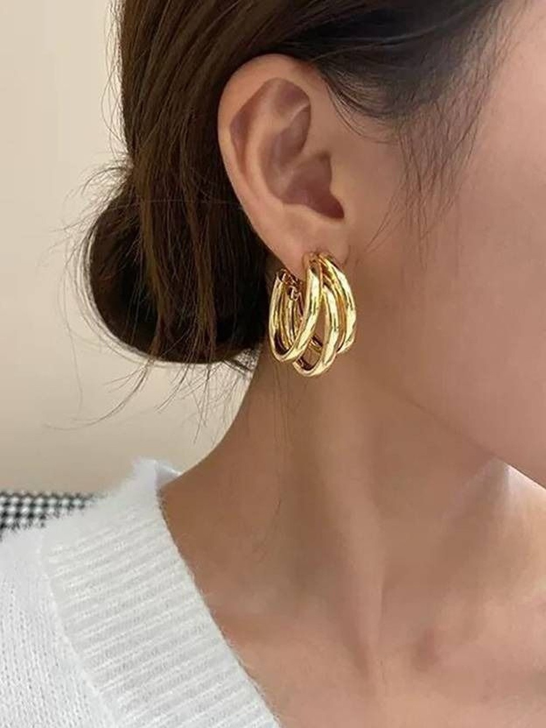 Zaphariq Gold Plated Shiny Triple Circular Hoop Earrings