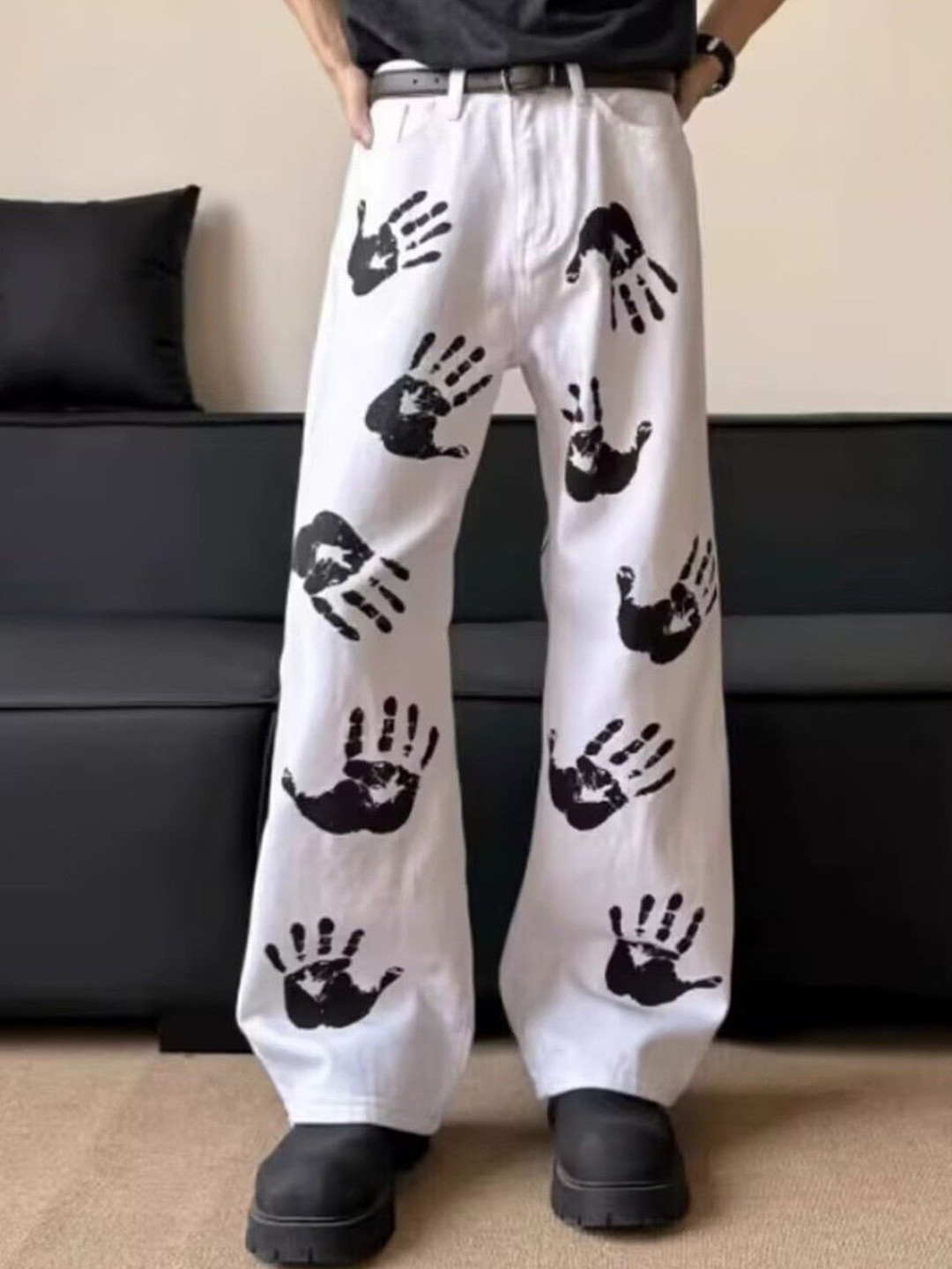 StyleCast Men Wide Leg Mid-Rise Jeans With Handprint Graphic