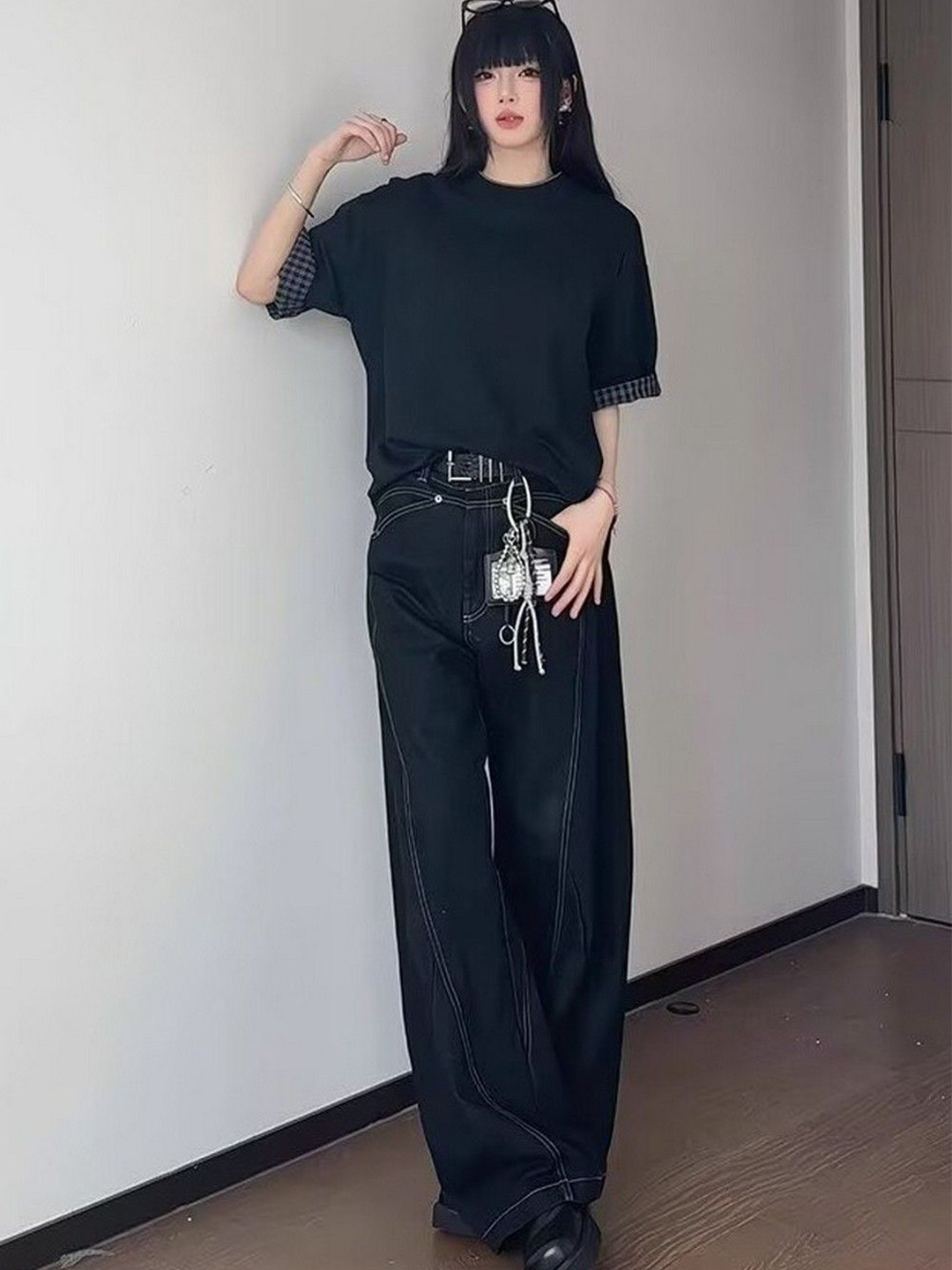 StyleCast Women Wide Leg Mid-Rise Clean Look Belted Jeans with Front Seam