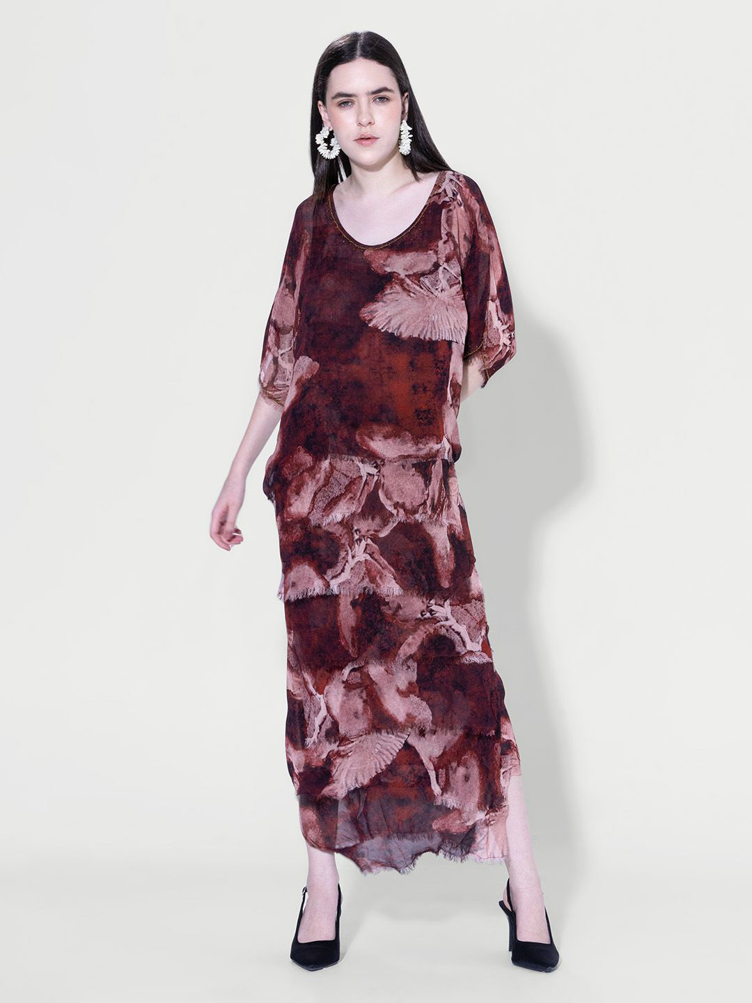 DaKauz Women Abstract Printed Round Neck Kimono Sleeve Layered Kaftan Maxi Dress