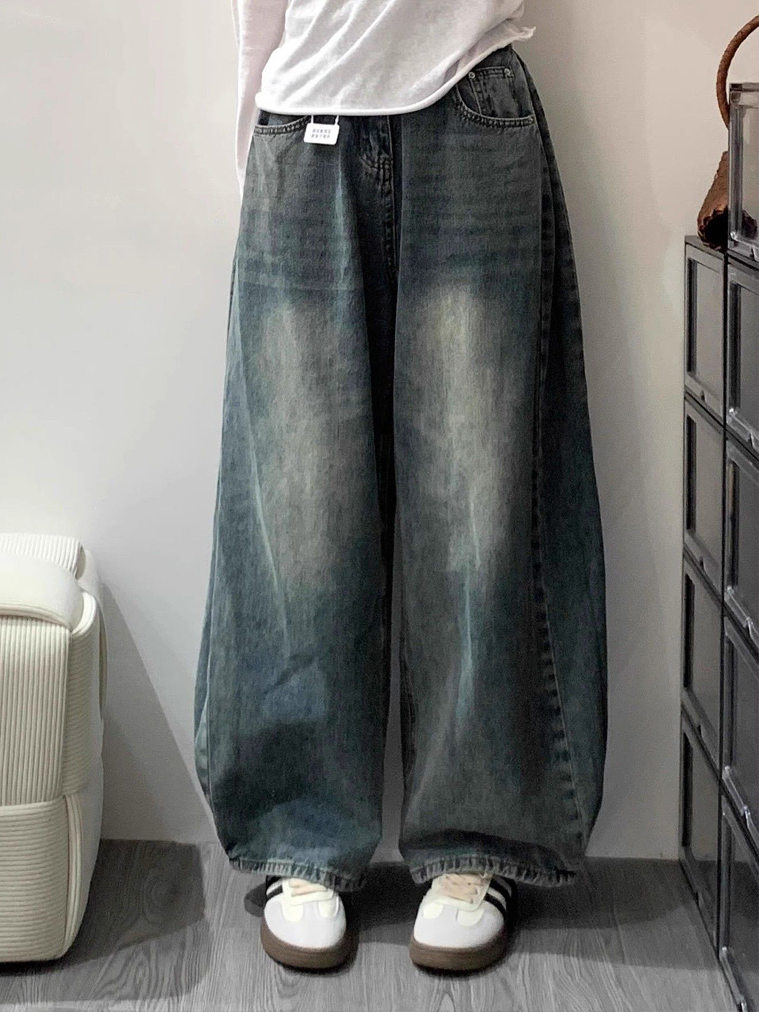 StyleCast Women High-Rise Light Fade Deconstructed Cotton Wide-Leg Denim Jeans