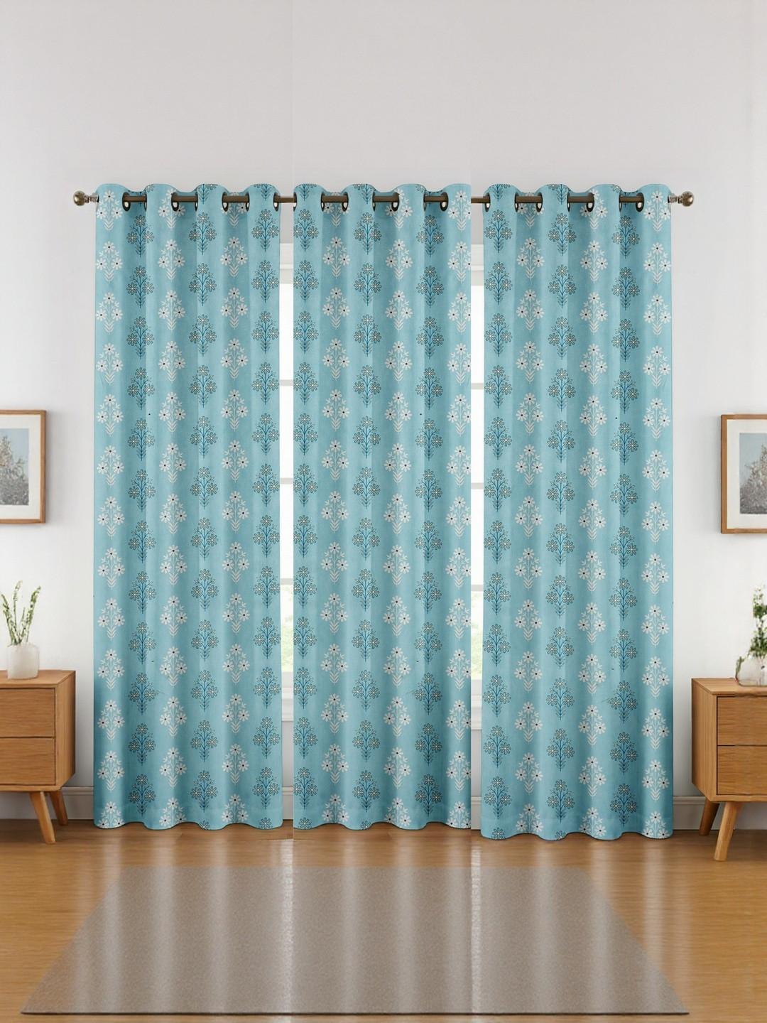 GEET CREATIONS Blue & White Printed Fade Resistant 3 Pieces Regular Eyelet Door Curtains