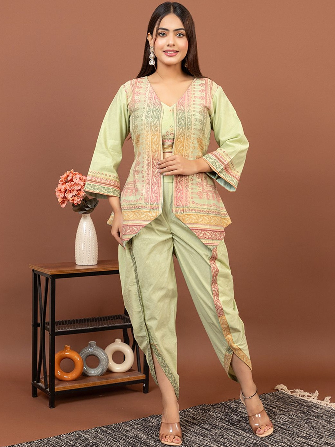 KIDAR Embroidered V-Neck Romantic Florals Top With Trousers & Jacket
