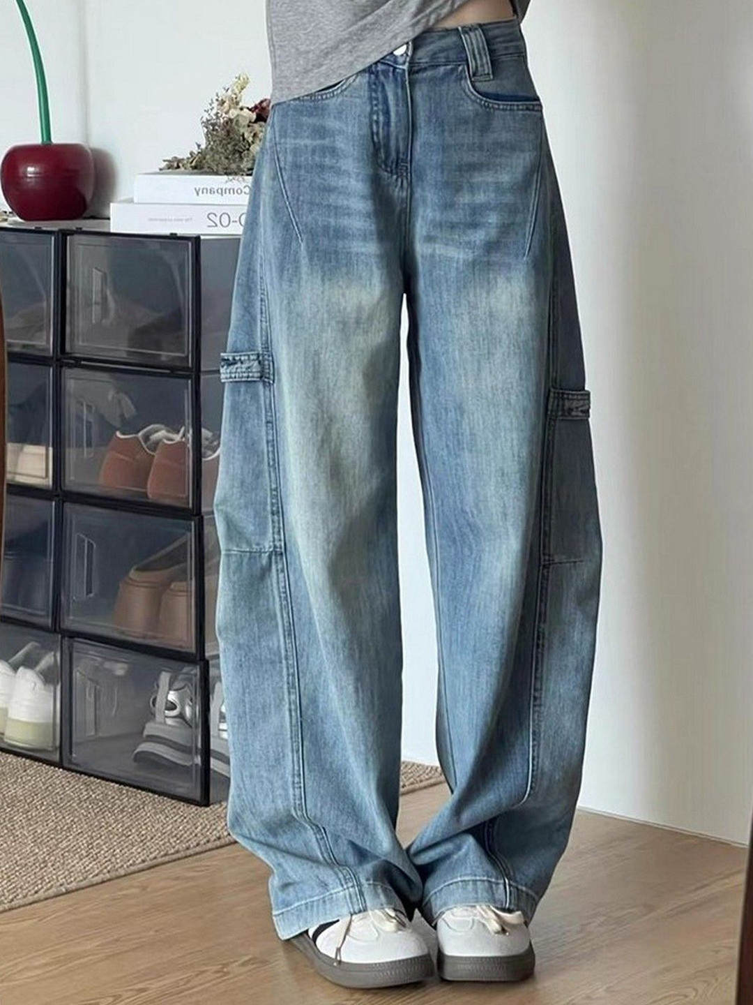 StyleCast Women Cotton Mid-Rise Light Fade Baggy Cargo Jeans