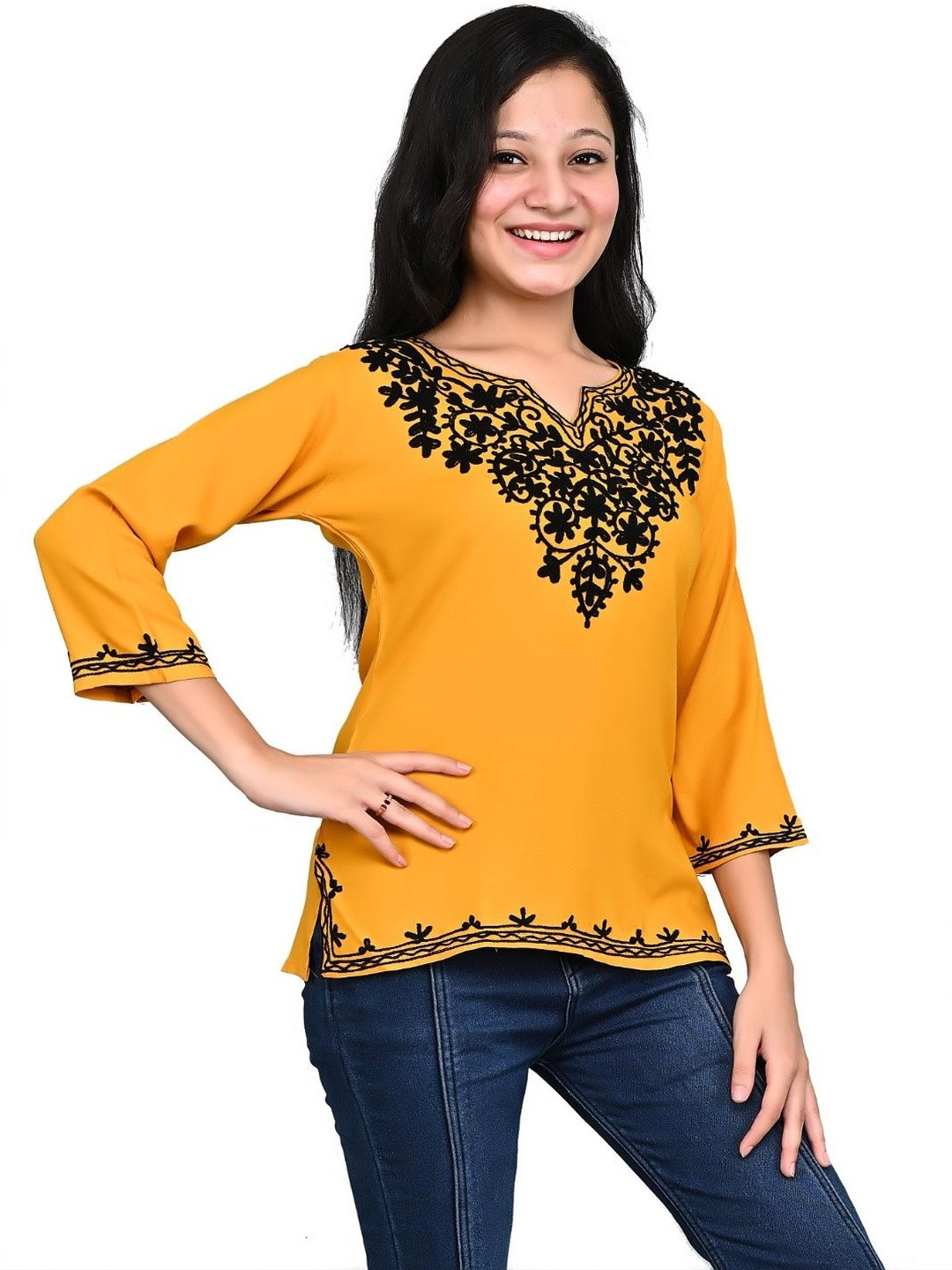 Naida Girls Ethnic Motifs Embroidered V-Neck Kurti