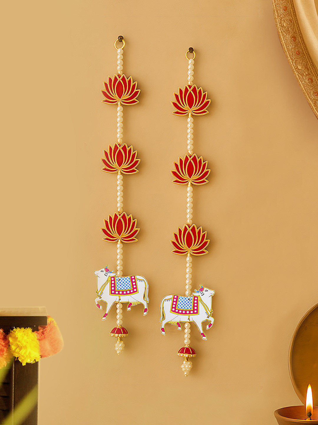 TIED RIBBONS Lotus Wood Floral Glossy Hall 2Pcs Wall Hangings-23.5In