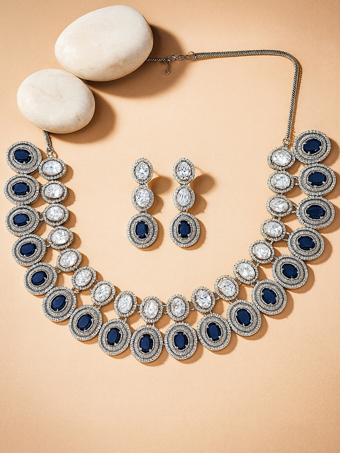 KARATCART Rhodium-Plated Silver-Toned Blue AD Studded Jewellery Set