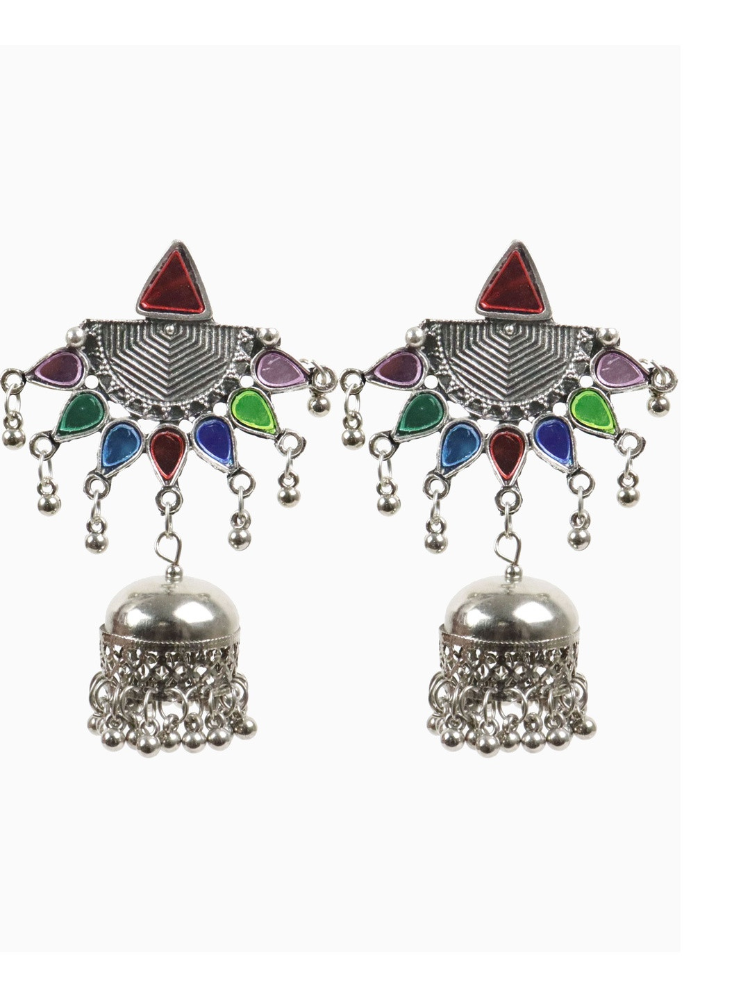 KRENOZ Silver-Plated Geometric Jhumkas With Ghungroo Bells
