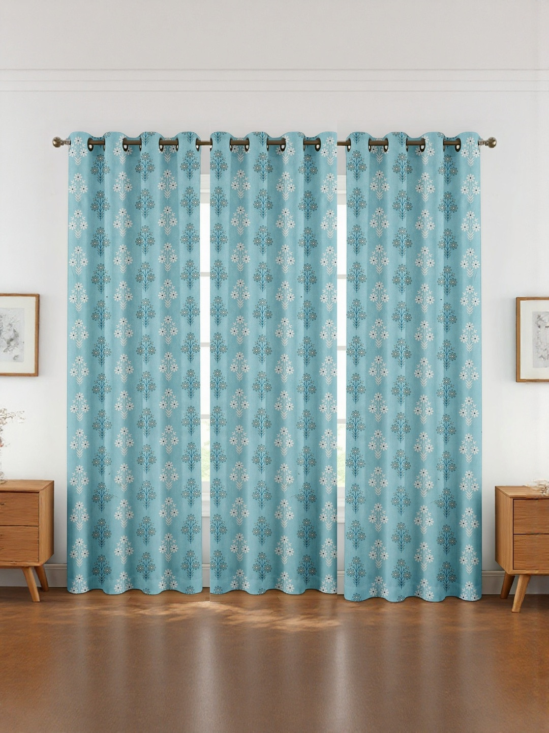 GEET CREATIONS Blue & White Floral Fade Resistant 3 Pieces Long Door Eyelet Curtains