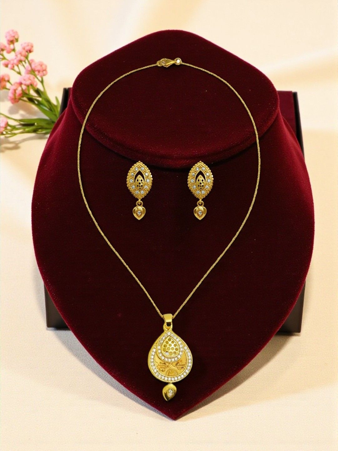 AccessHer Gold Plated American Diamond Studded Skin Friendly Teardrop Shaped Jewellery Set