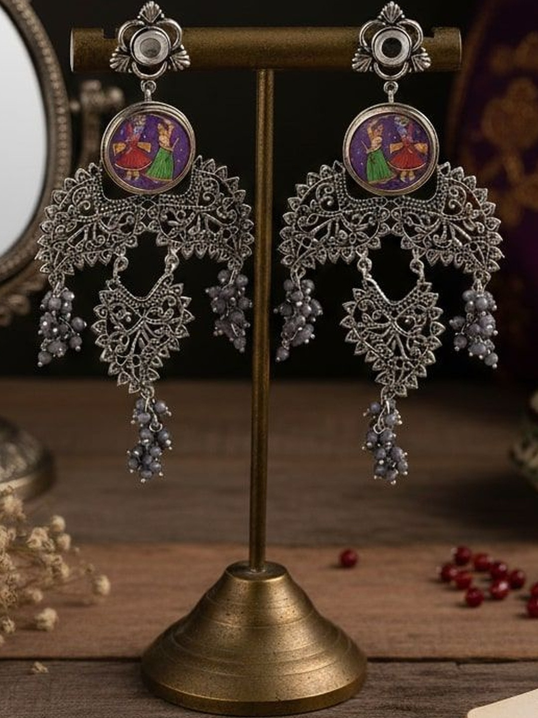 FIROZA Silver-Plated Artificial Beads Studded Coin Garba Drop Earrings
