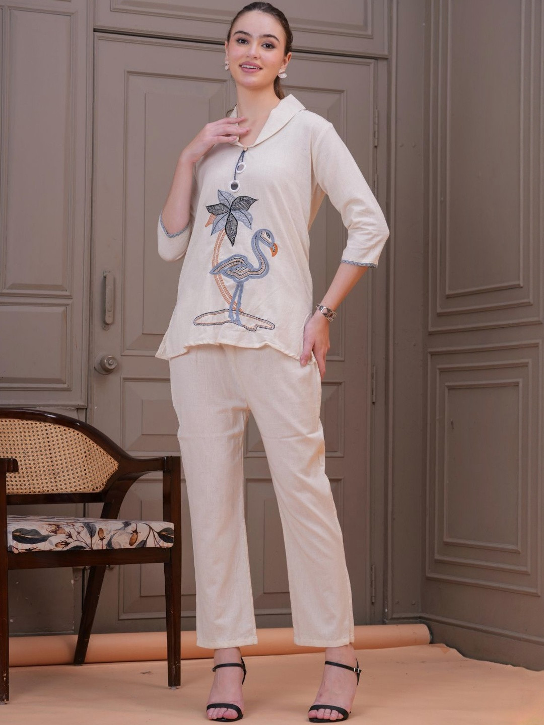 JC4U Embroidered Shawl Neck Cotton Flex Top With Trousers