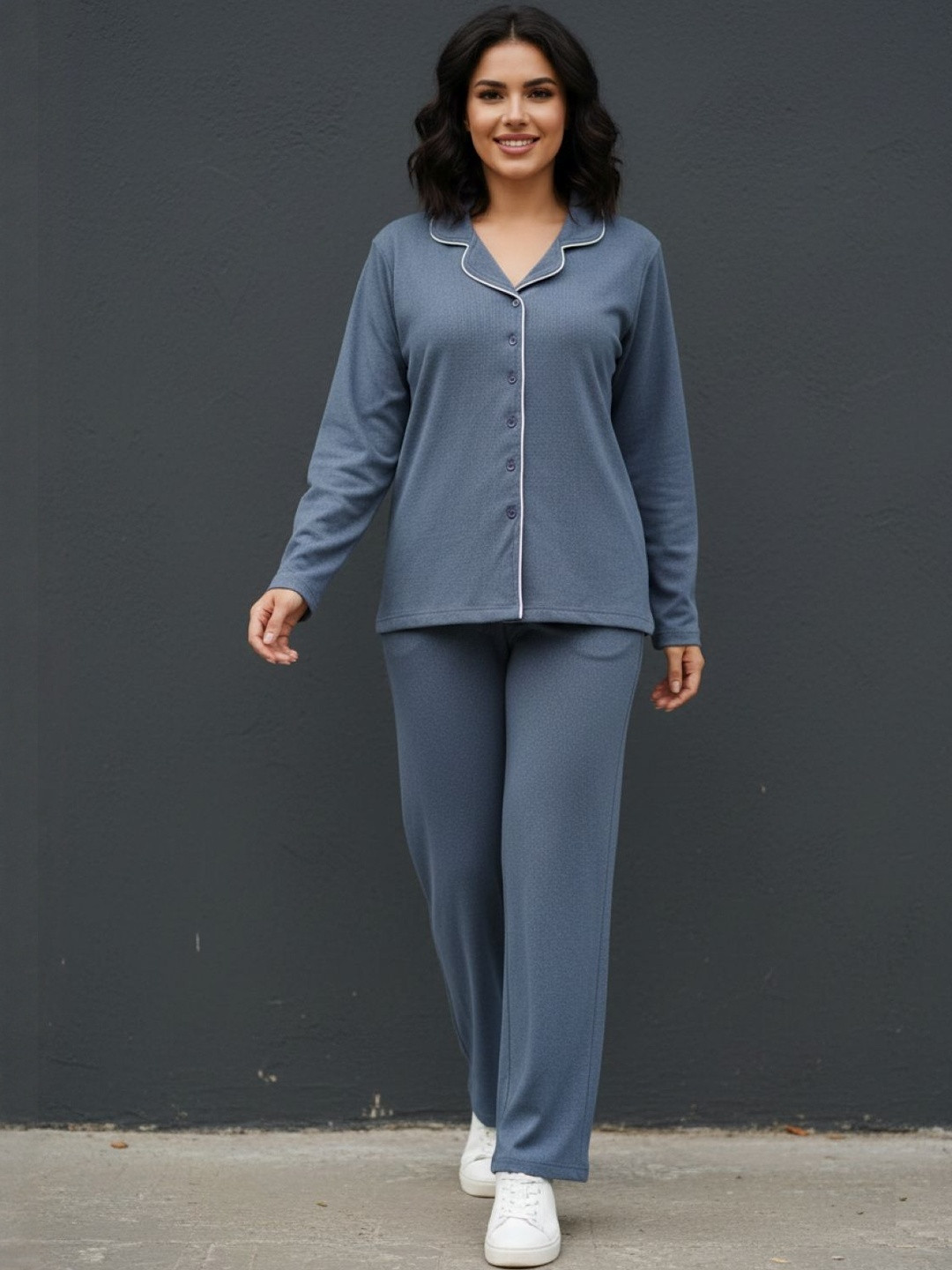 Wineberry Women Colourblocked Lapel Collar Shirt With Pyjamas Night suit