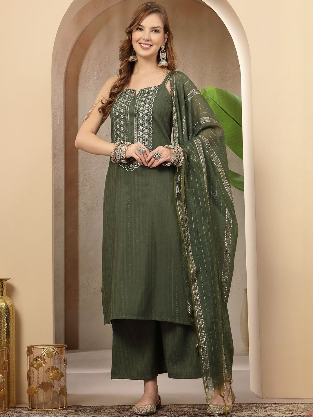 Stylum Ethnic Motifs Self Design Mirror Work Shoulder Strap Kurta Set And Dupatta