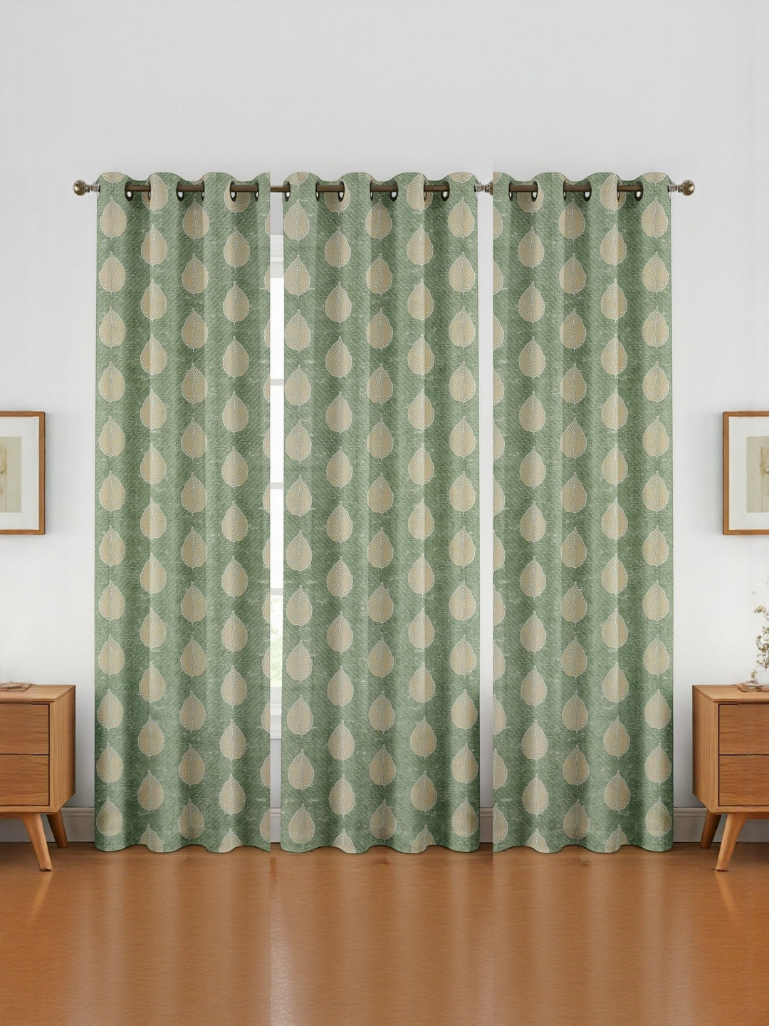 GEET CREATIONS Green Printed Fade Resistant 3 Pieces Window Eyelet Curtains