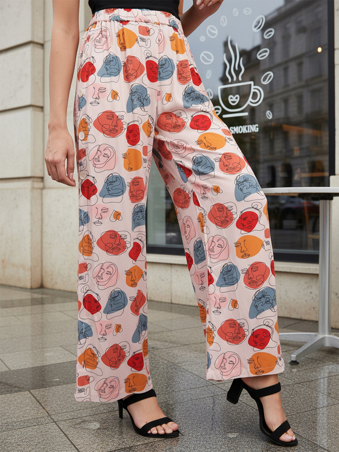 Freehand by The Indian Garage Co Women Conversational Printed High-Rise Parallel Wide Leg Trousers With Side Opening
