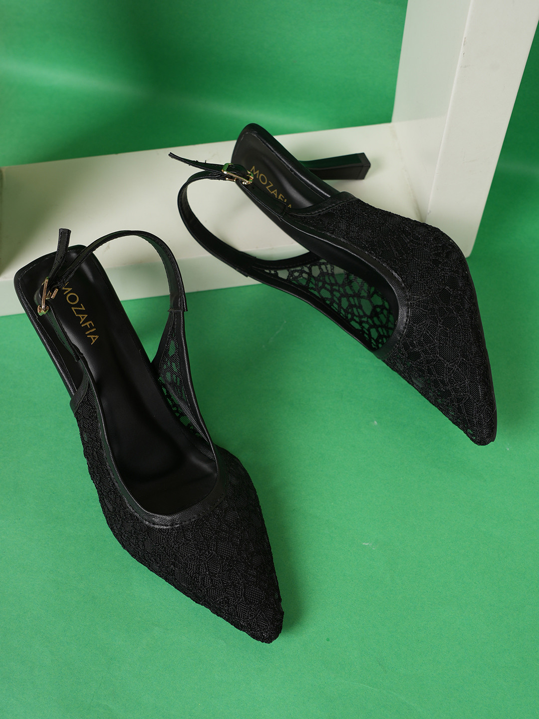 MOZAFIA Textured Sheer Slim Heel Mules with Laser Cuts