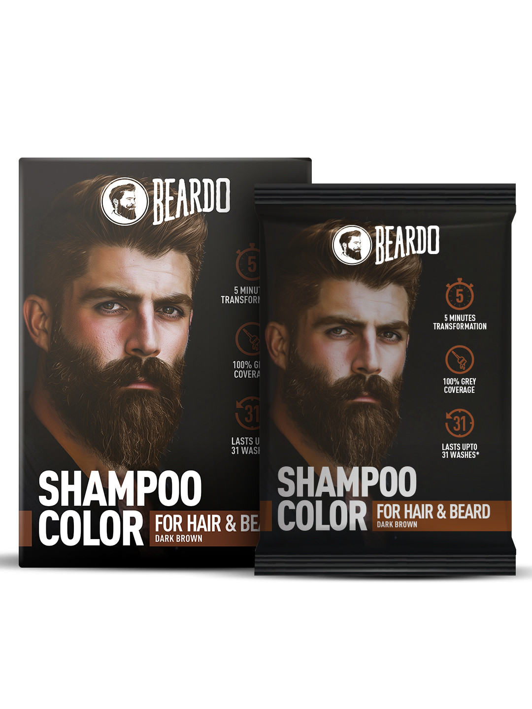 BEARDO Men Set Of 5 Shampoo Color For Hairs & Beard - Dark Brown - 20ml Each