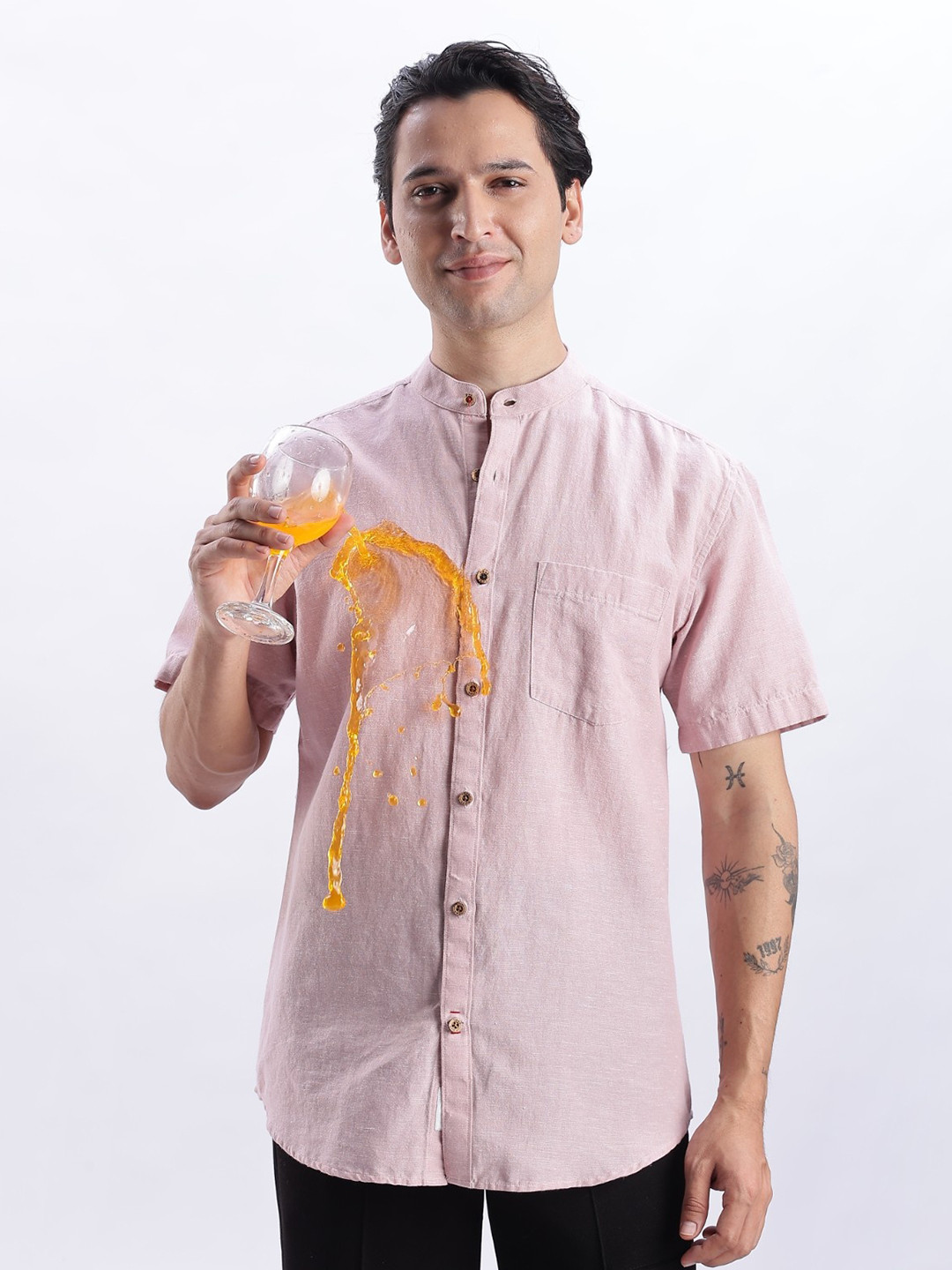 TURMS Men Stain And Water Repellent Anti Odor Mandarin Collar Kansas Linen Solid Shirt