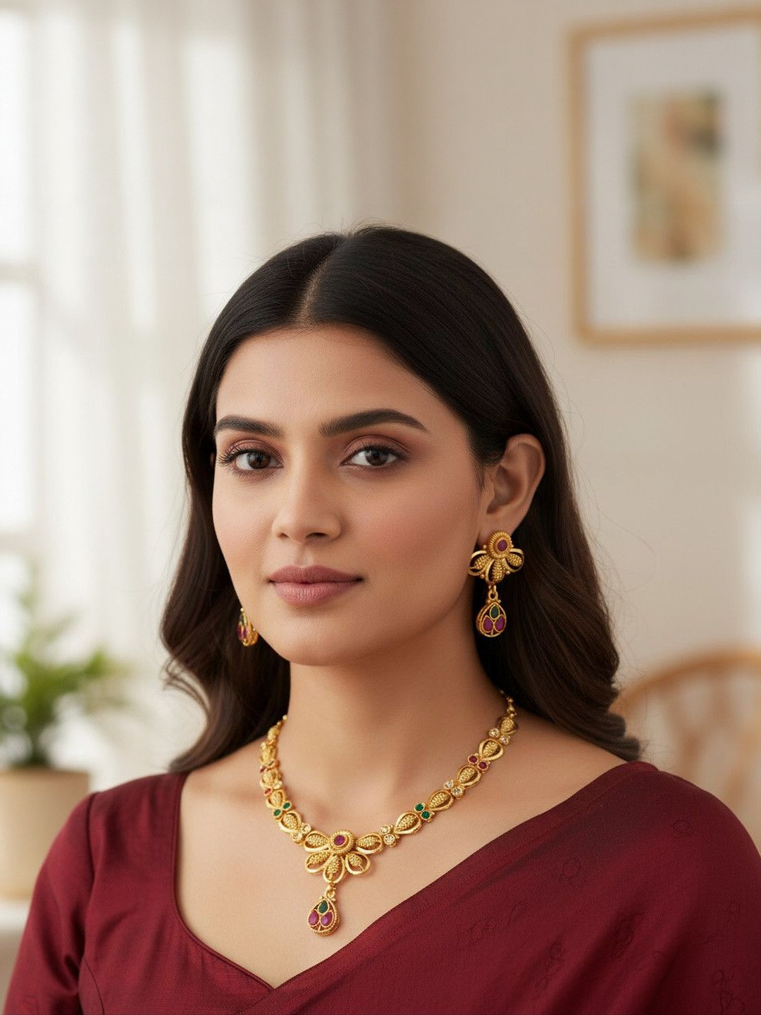 Jewar Mandi Gold-Plated Stones Studded Floral Design Jewellery Set