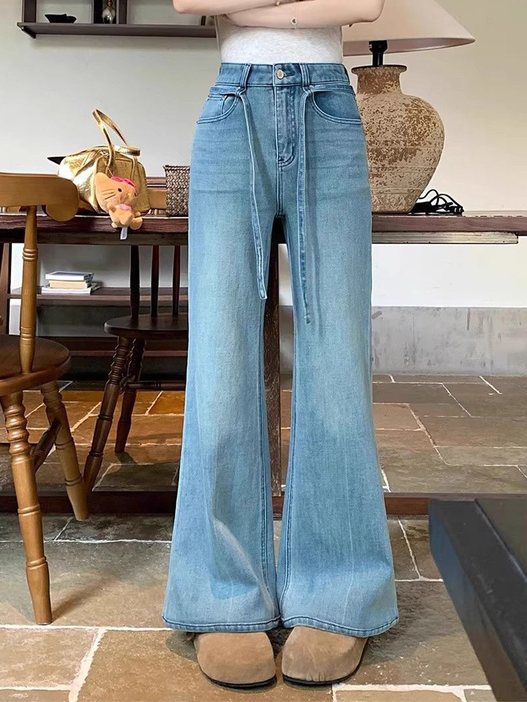 StyleCast Women Flared High-Rise Tie-Belt Stretchable Jeans