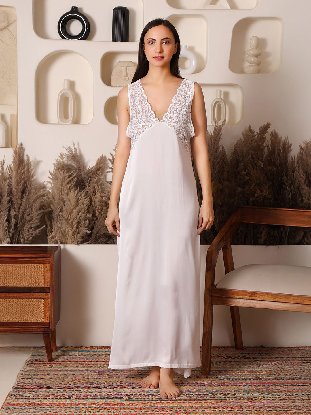 HOUSE OF ELORRA Women Lace Satin Sleeveless Maxi Nightdress