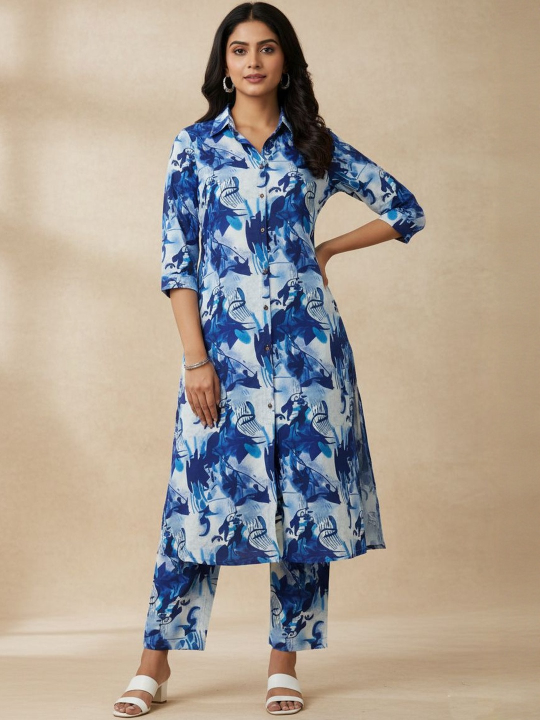 Gopi Prem Printed Shirt Collar Regular Pure Cotton Straight Kurta With Trousers