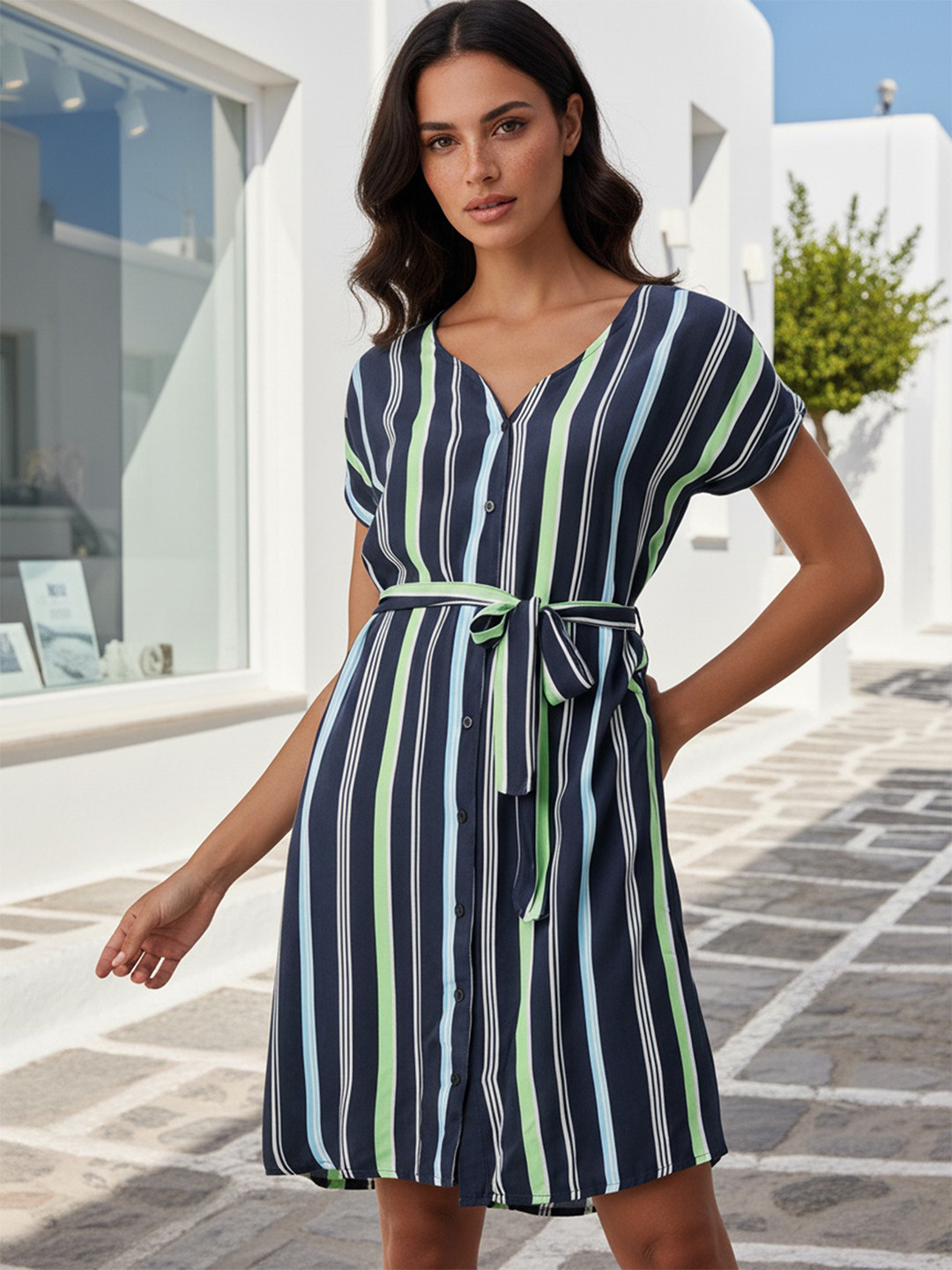 Freehand by The Indian Garage Co Striped Extended Sleeves Shirt Dress With Belt