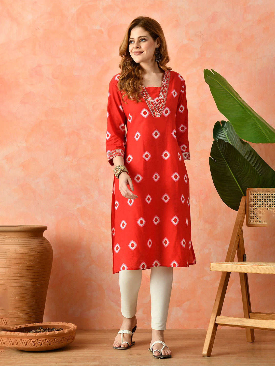 KJFAB Bandhani Printed Round Neck Straight Cotton Kurta