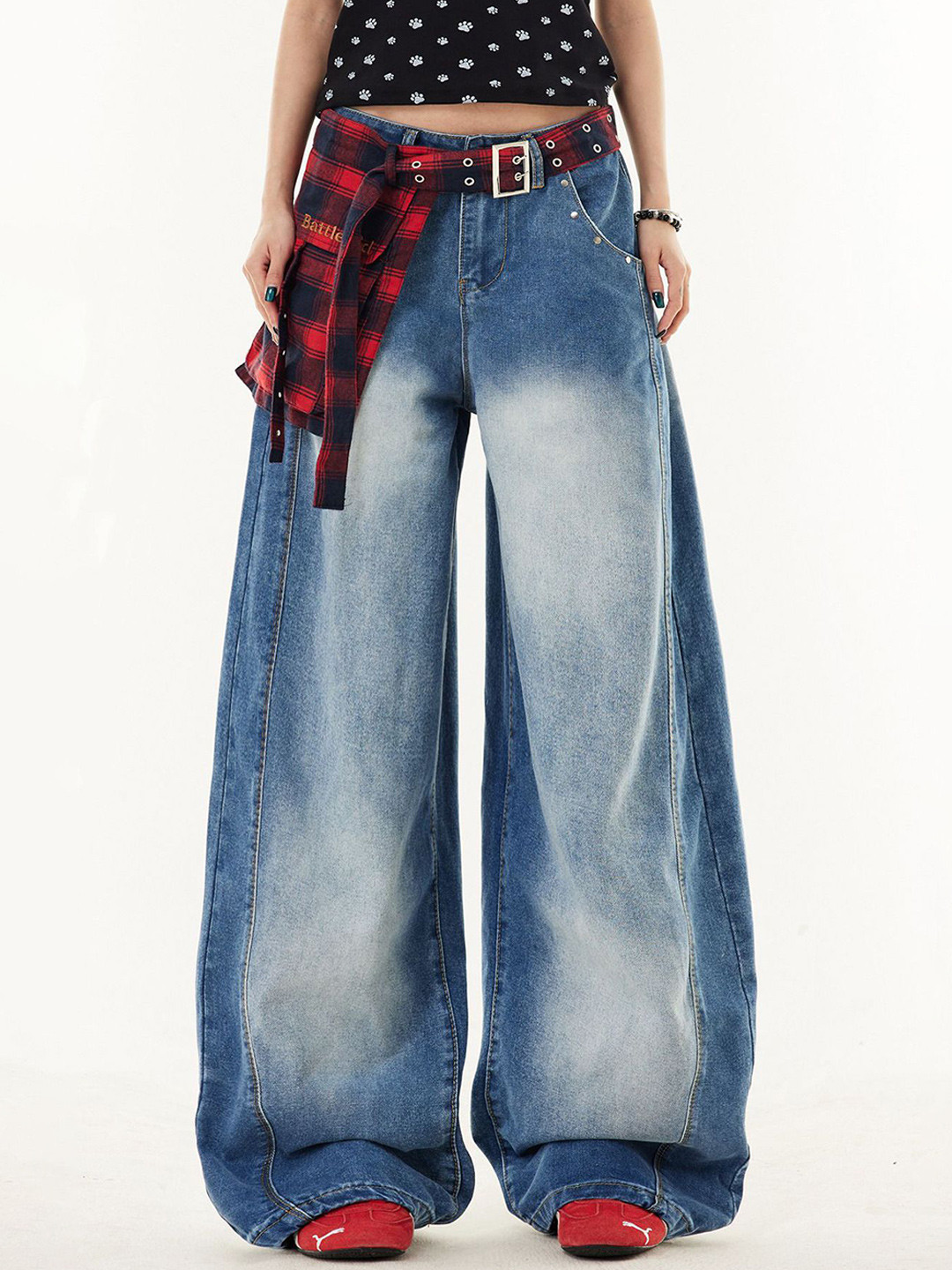 StyleCast Women Baggy Fit Mid-Rise Heavy Fade Jeans With Detachable Plaid Kilt Skirt