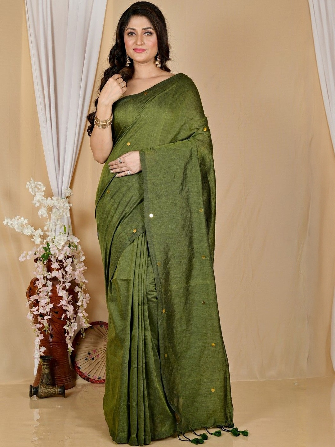 Brynbrit Sequinned Pure Cotton Handloom Saree With Blouse Piece for Women