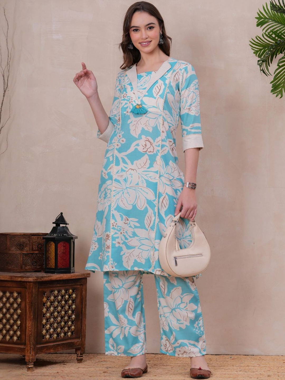 OH MI DIOS Teal Floral Printed Tunic with Trousers
