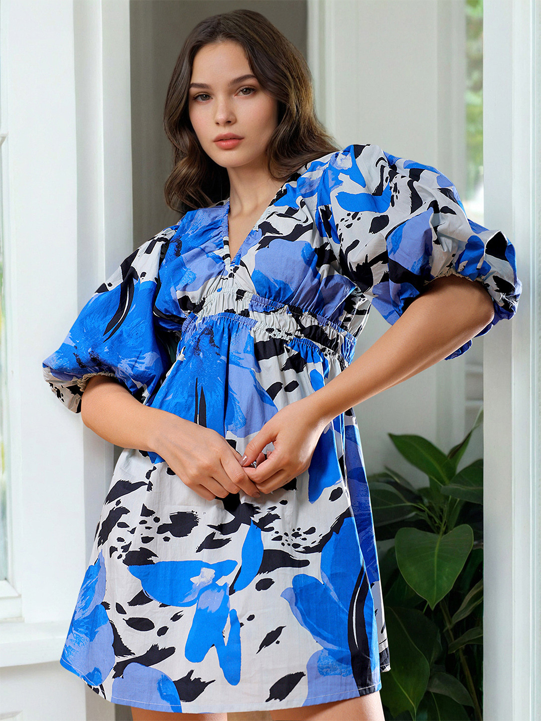 Freehand by The Indian Garage Co Blue Abstract Printed Cotton Puff Sleeve A-Line Dress