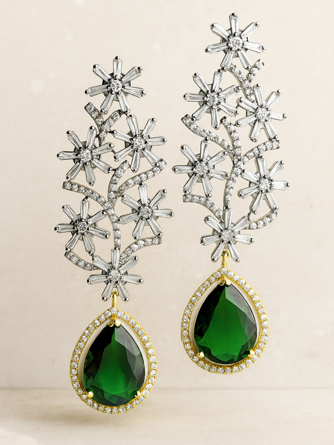 KARATCART Green Silver-Plated Floral Drop Stone Earrings