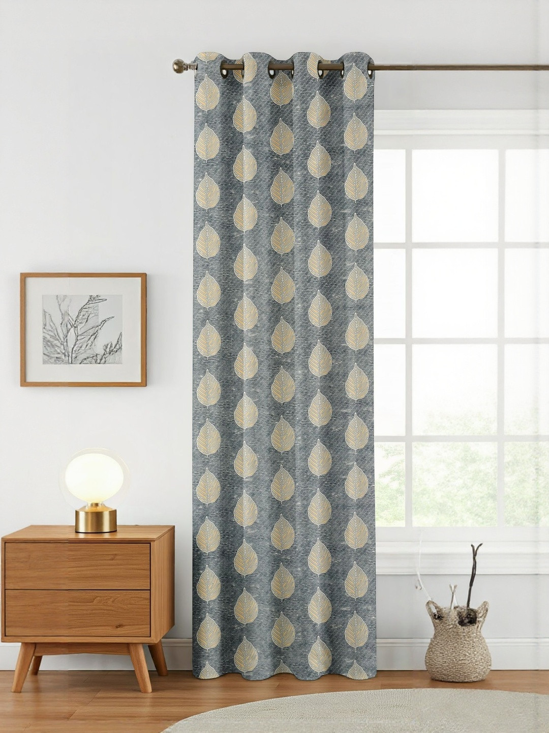 GEET CREATIONS Grey Printed Fade Resistant Window Eyelet Curtain