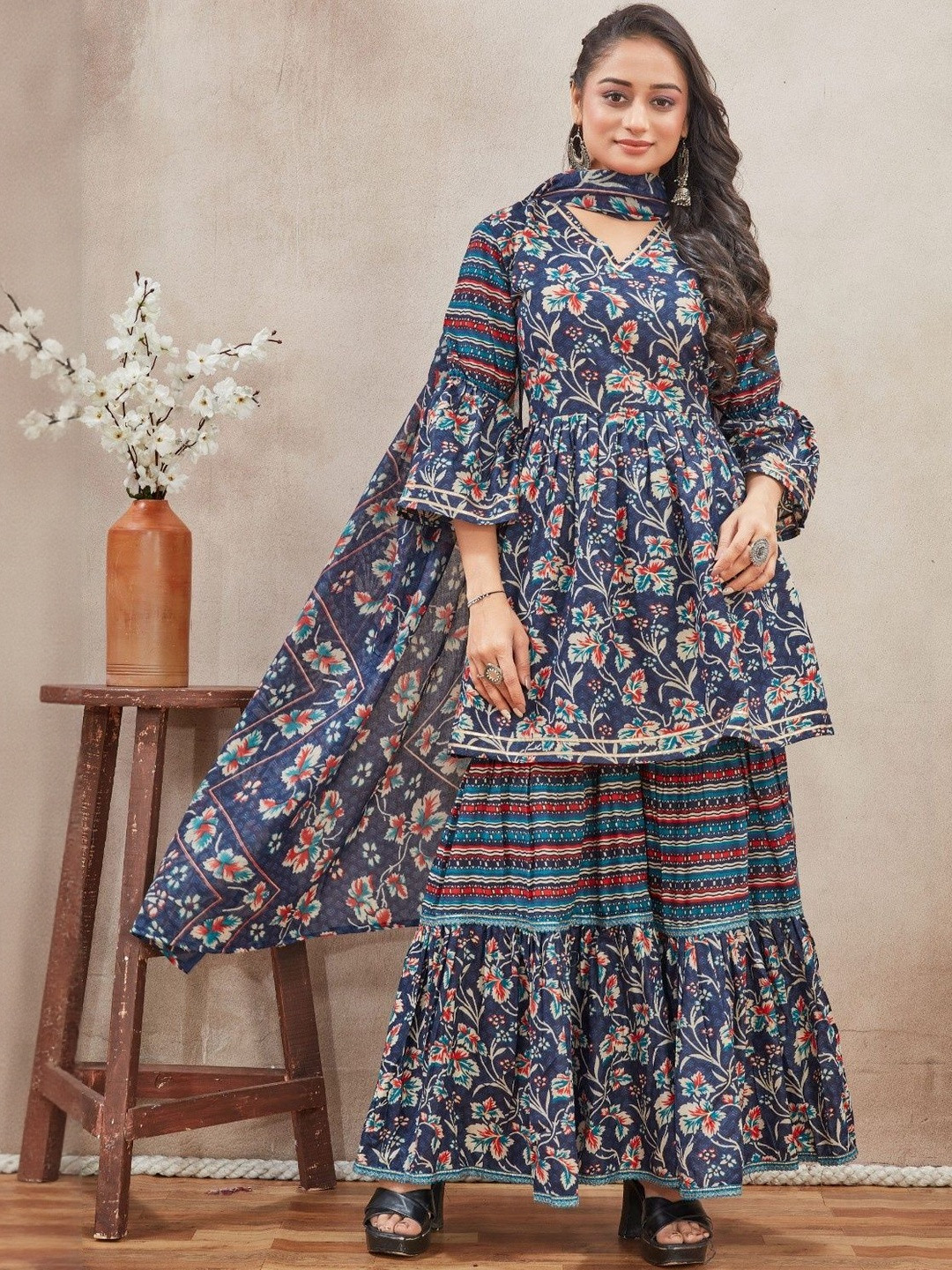 SZN Floral Printed V-Neck Empire Kurta With Sharara & Dupatta